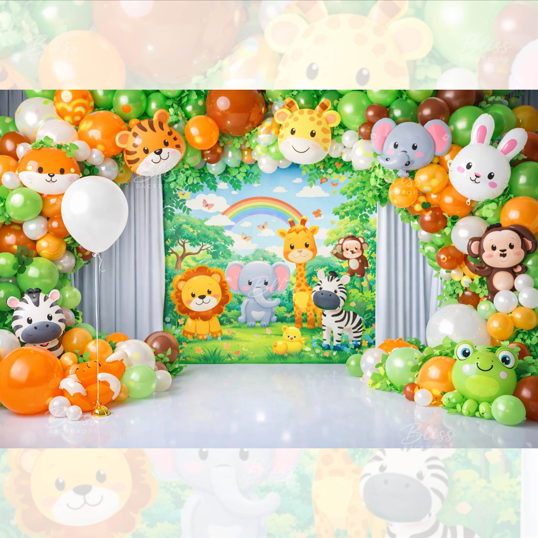 Cartoon Jungle Theme Cake Smash Backdrop for Kids Birthday Photos