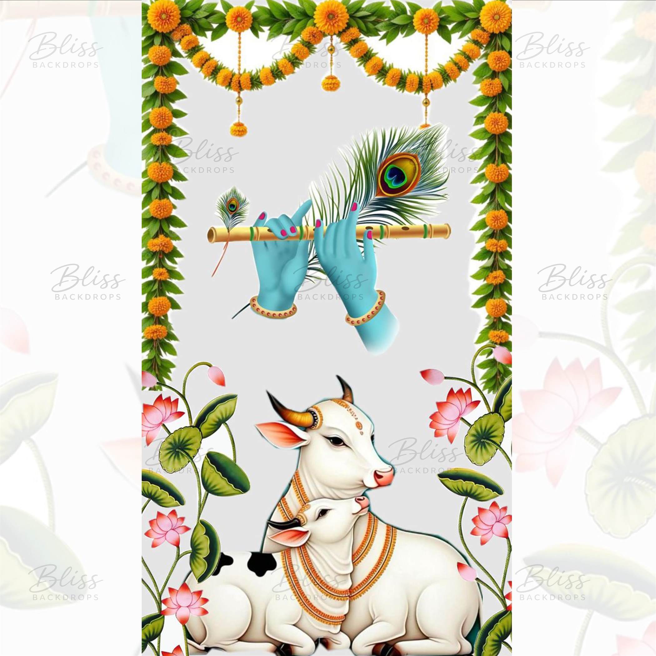 Pichwai Pooja Backdrop with cow &  Krishna | Traditional Temple & Event Backdrop Decor