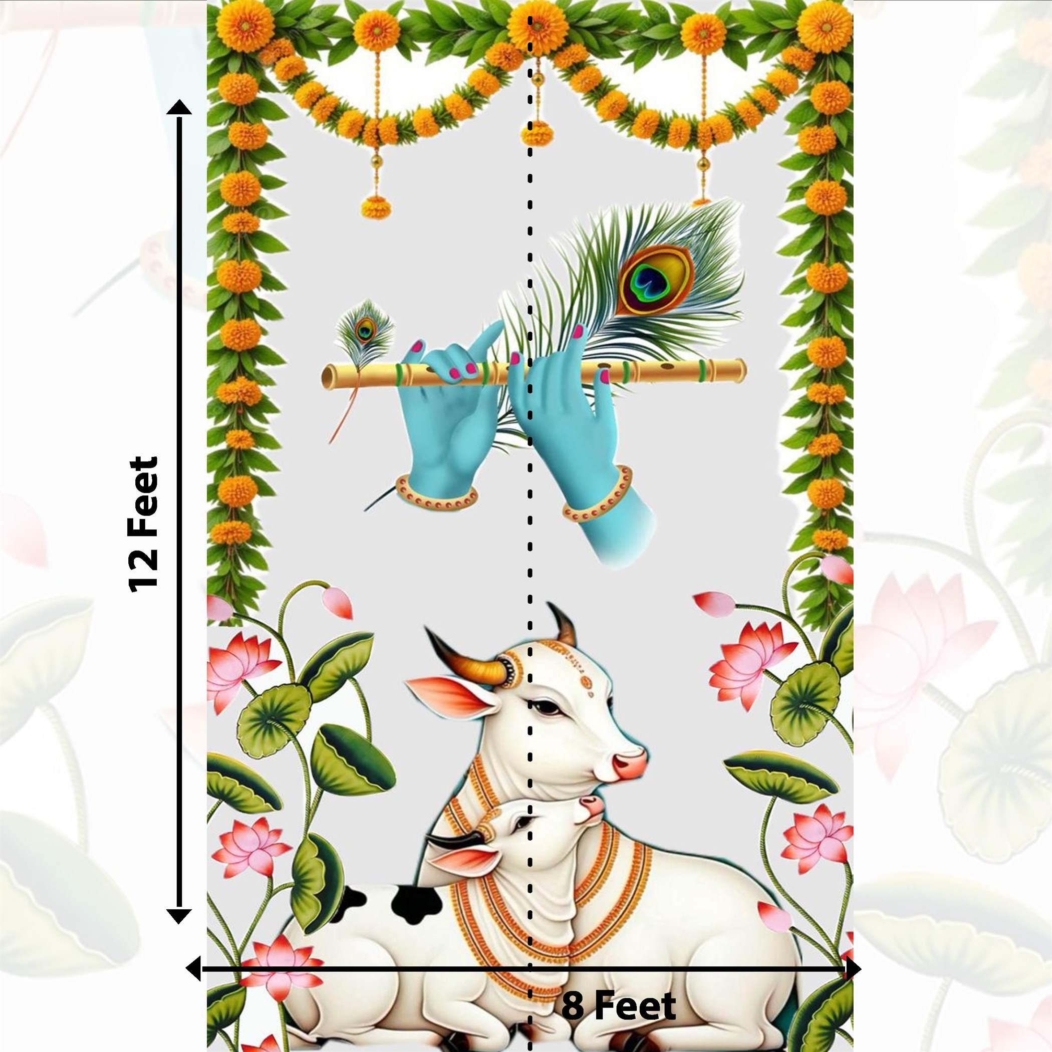 Pichwai Pooja Backdrop with cow &  Krishna | Traditional Temple & Event Backdrop Decor