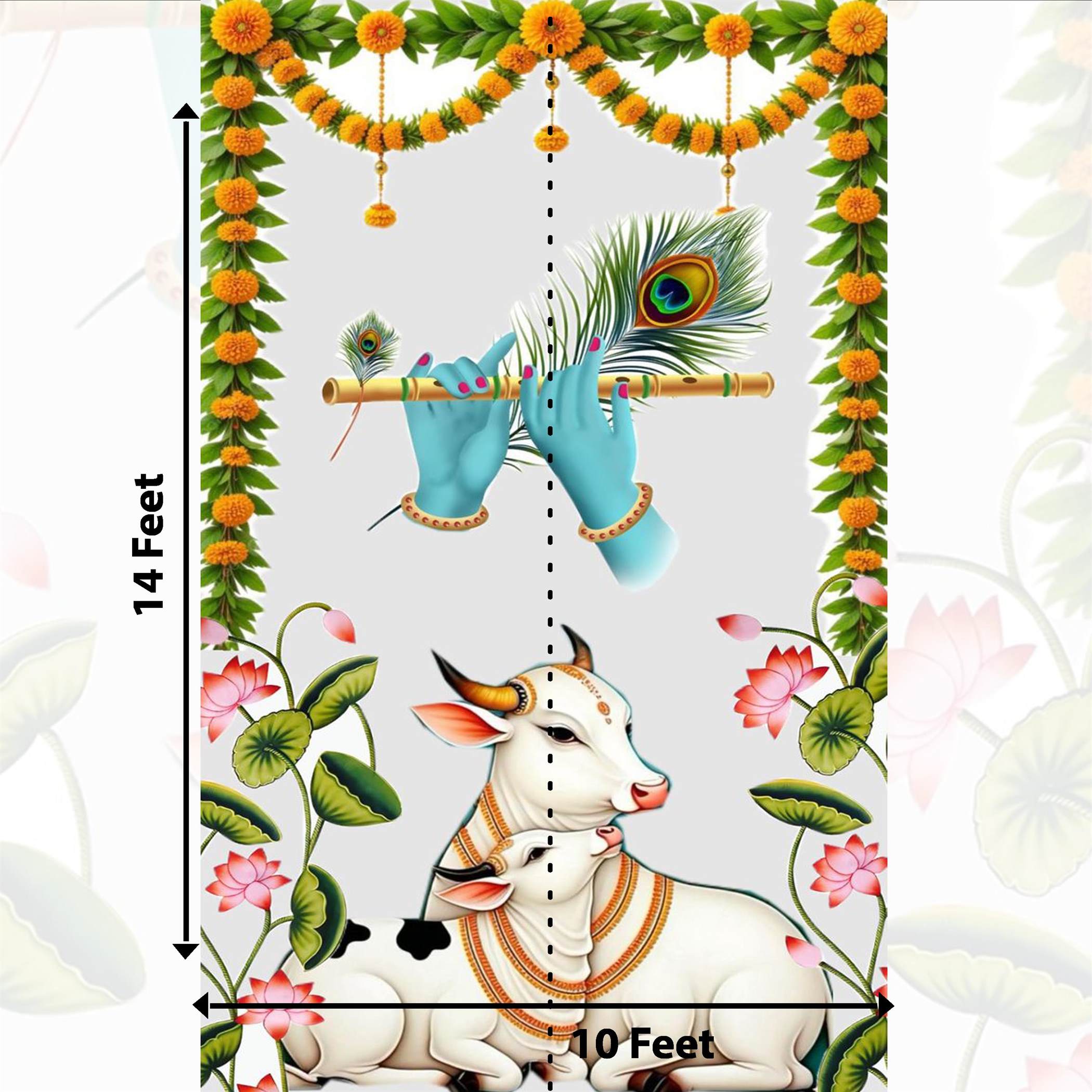 Pichwai Pooja Backdrop with cow &  Krishna | Traditional Temple & Event Backdrop Decor