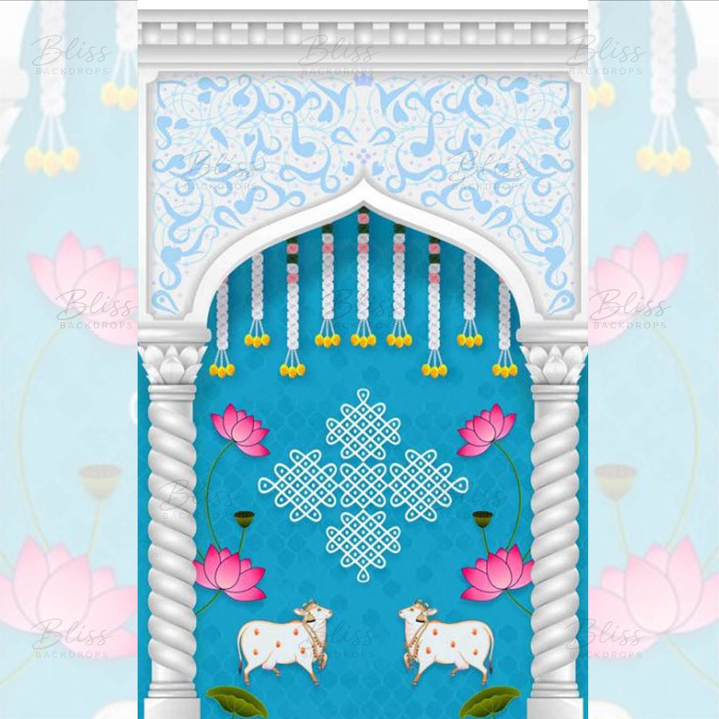 Blue Premium Pichwai Backdrop for temple & Stage | Wedding & Event Decor