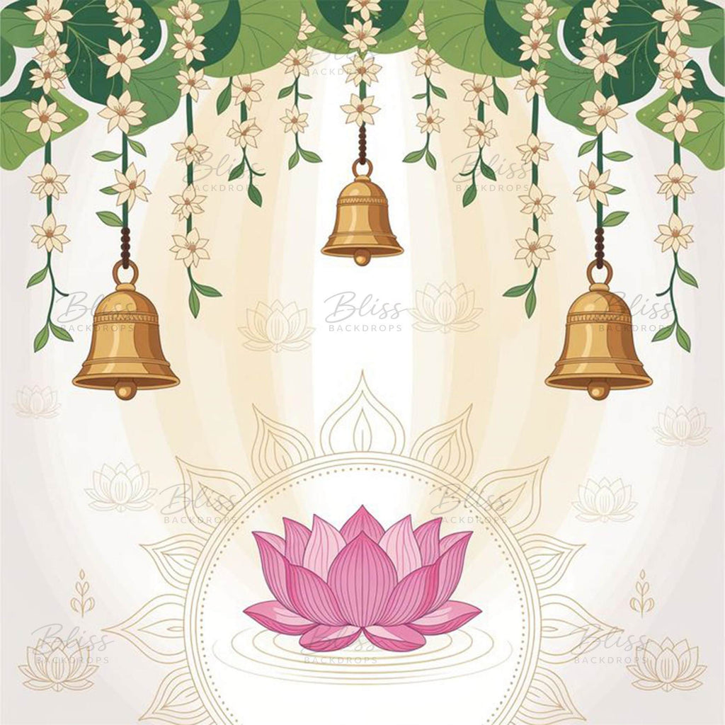 Pichwai Backdrop with lotus and Bell | Traditional Wedding & Pooja Decor
