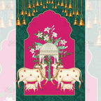 Red & Green Pichwai backdrop for Wedding and Temple