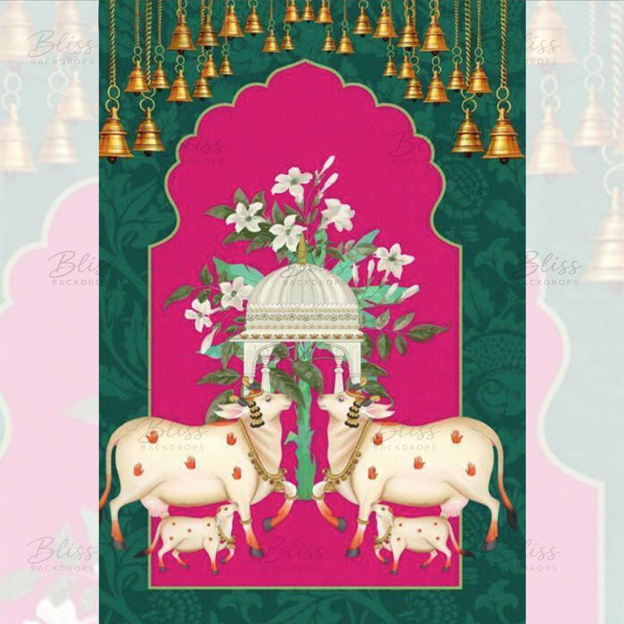 Red & Green Pichwai backdrop for Wedding and Temple