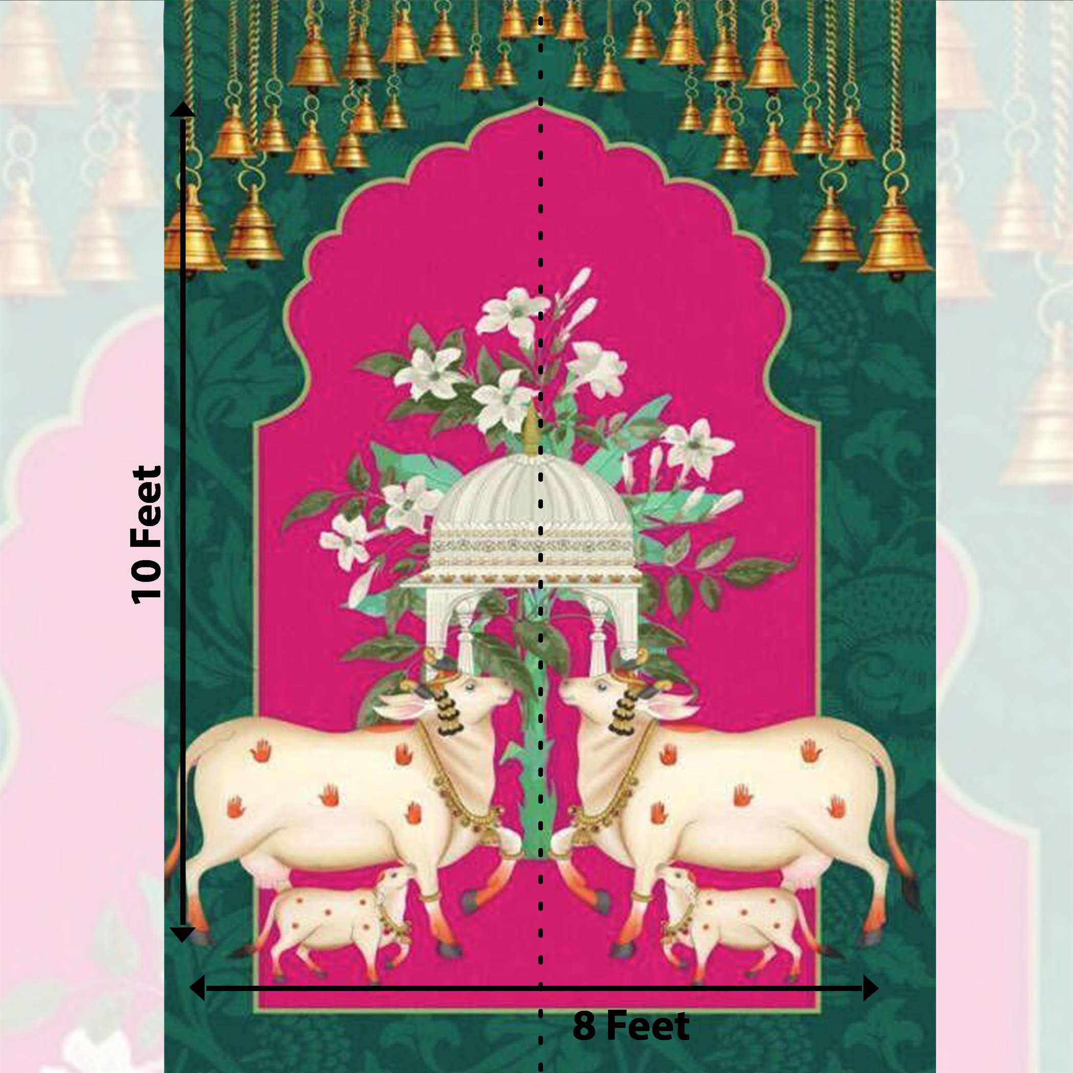 Red & Green Pichwai backdrop for Wedding and Temple