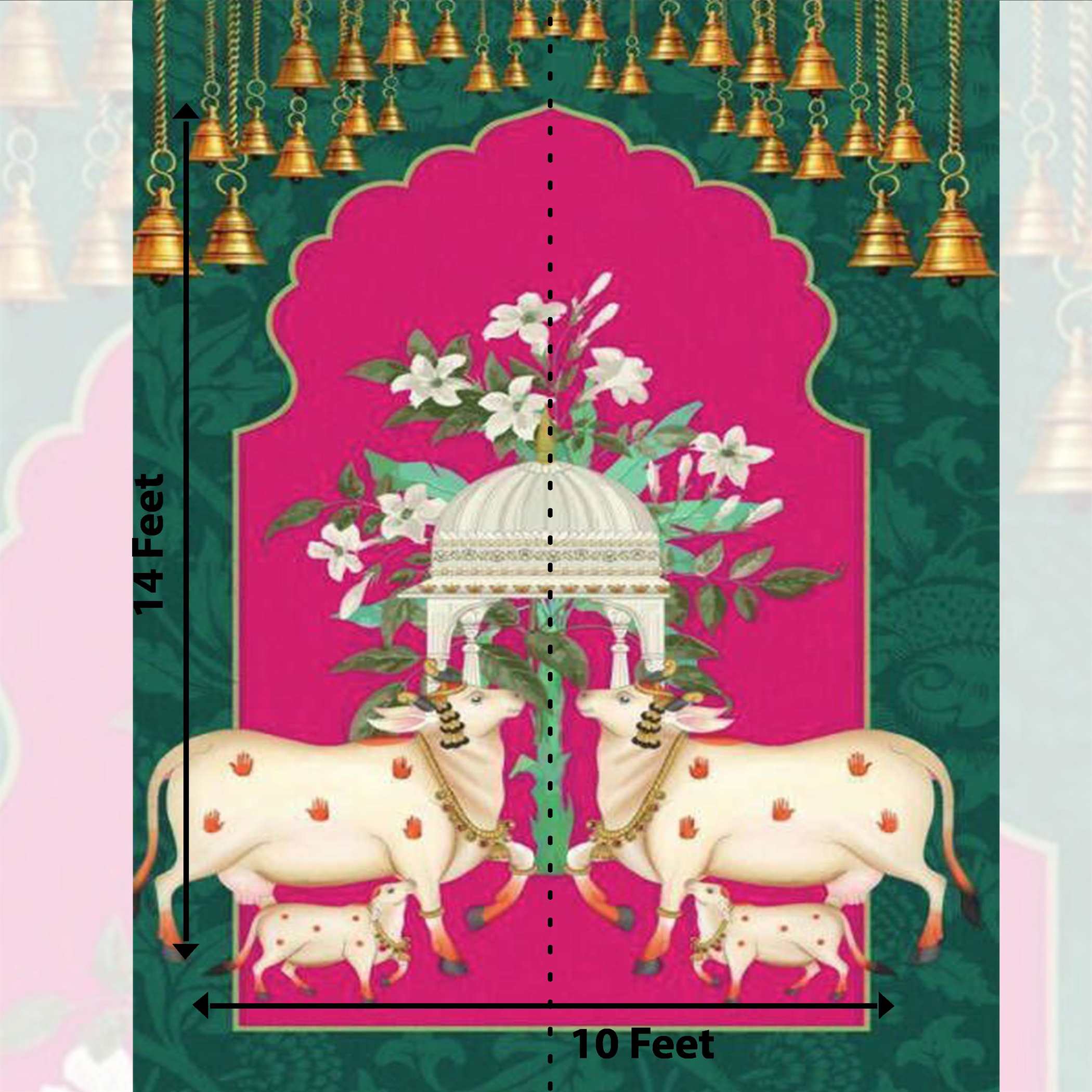 Red & Green Pichwai backdrop for Wedding and Temple